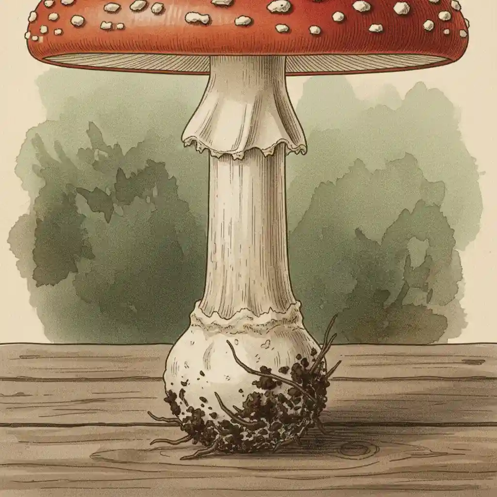 Photo of a mushroom stem and bulbous base partially in soil