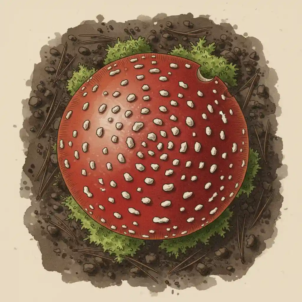 Top-down photo of a mushroom cap showing color, texture, and warts