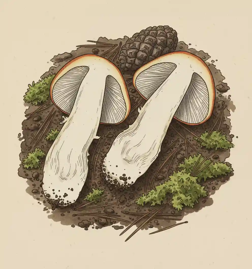 Mushroom cut lengthwise showing interior flesh and stem structure