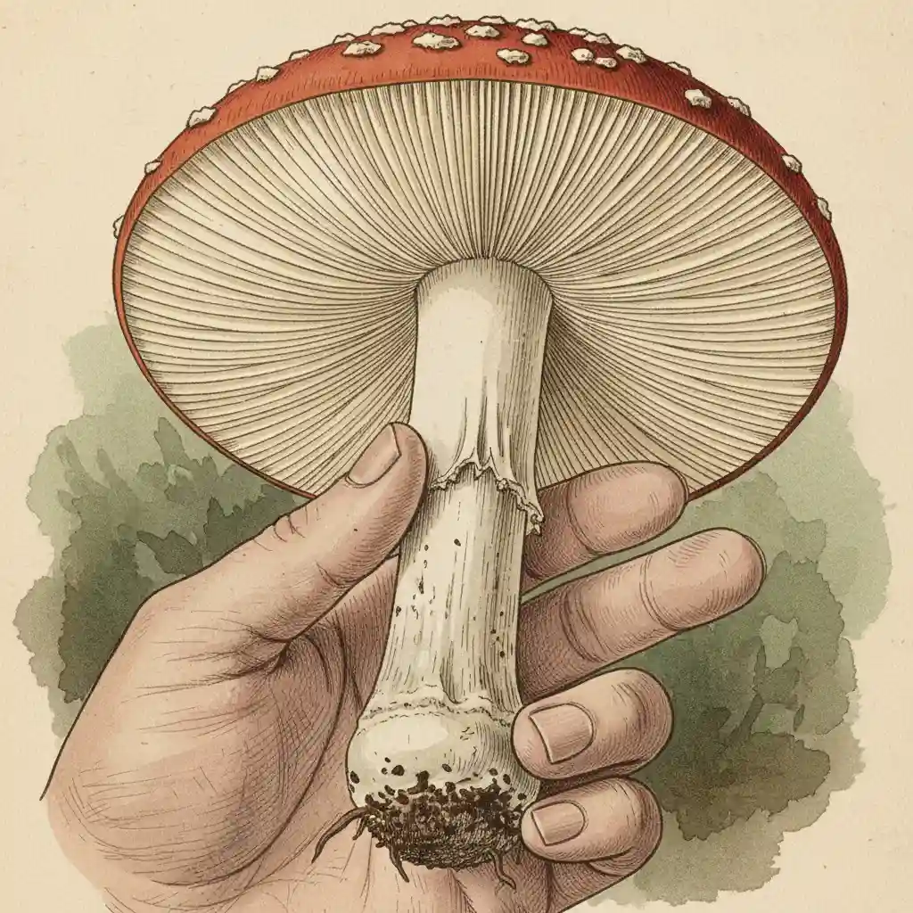Close-up of mushroom underside showing gills attached to the stem
