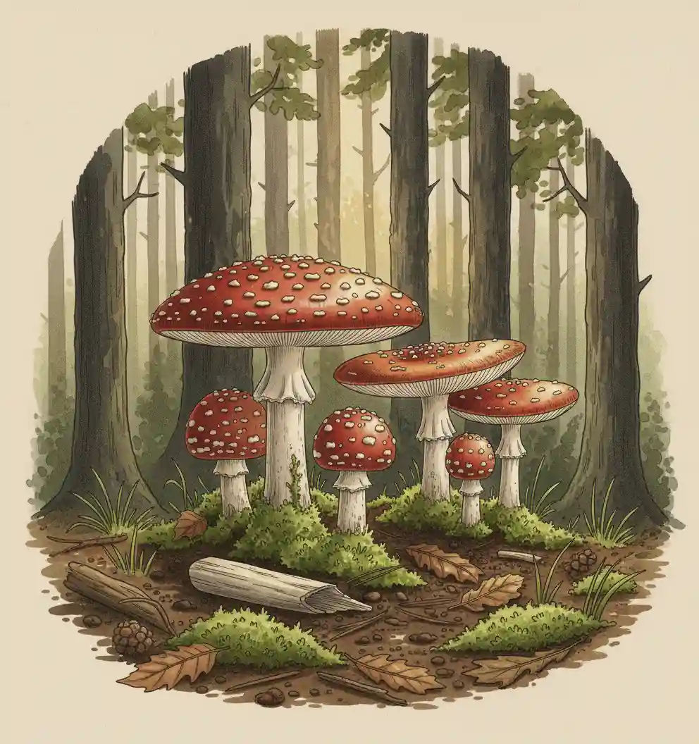 Mushroom growing among leaves and wood showing habitat context